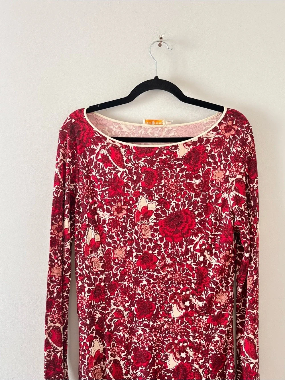 Tory Burch Ria Floral Print Midi Dress Boat Neck Long Sleeve Sheath Red